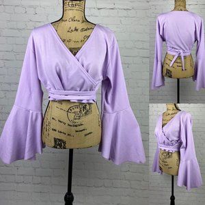 Lavender Cross Front Side Tie Bell Sleeve Crop Top